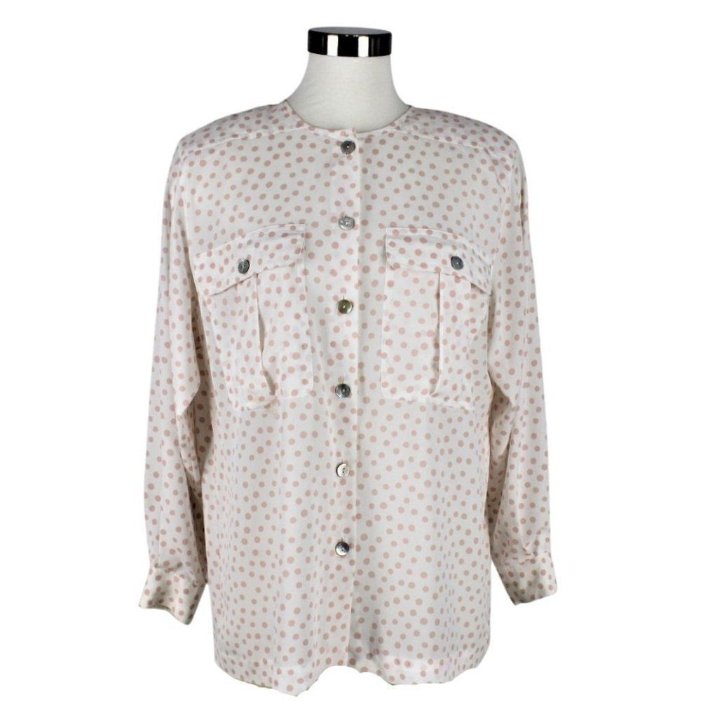 Pink Polka Dot Collarless Long Sleeve Button Front Top Mother of Pearl Buttons